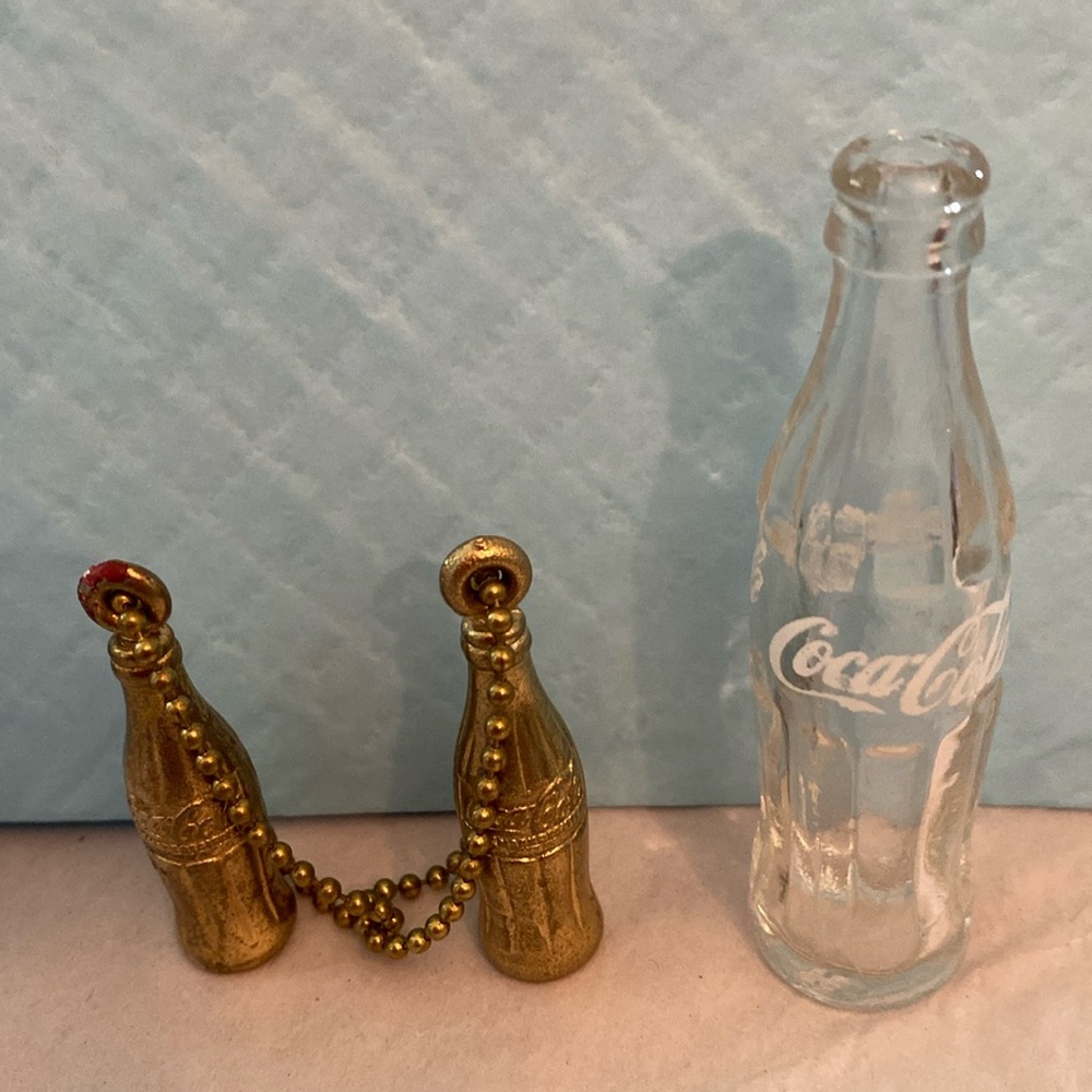 Vintage Miniature Coca Cola Gold Tone Keychains-2 Clear Glass Coke Bottle